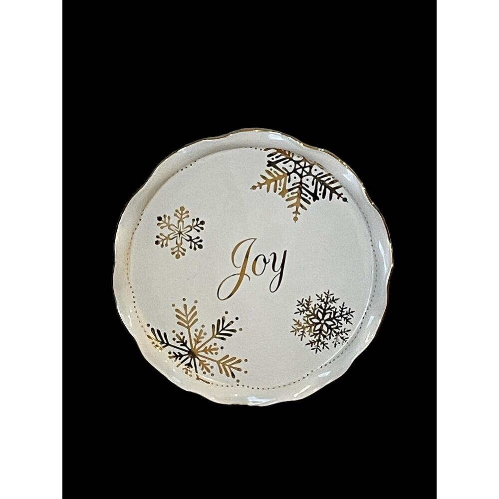 Cracker Barrel Serving Platter Season OF Glory Joy 12" Gold Snowflakes Dots Trim